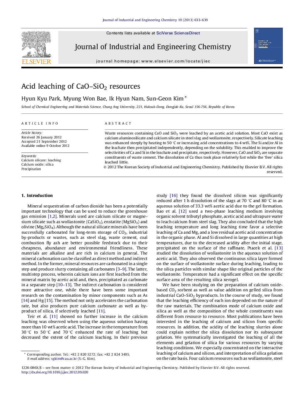 Acid leaching of CaOSiO2 resources