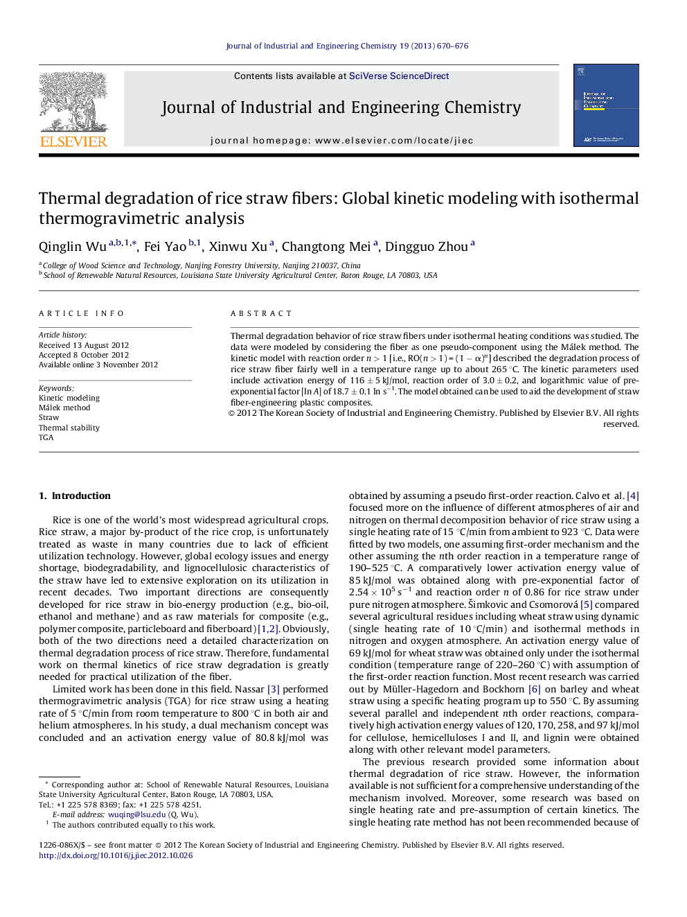 Thermal degradation of rice straw fibers: Global kinetic modeling with isothermal thermogravimetric analysis