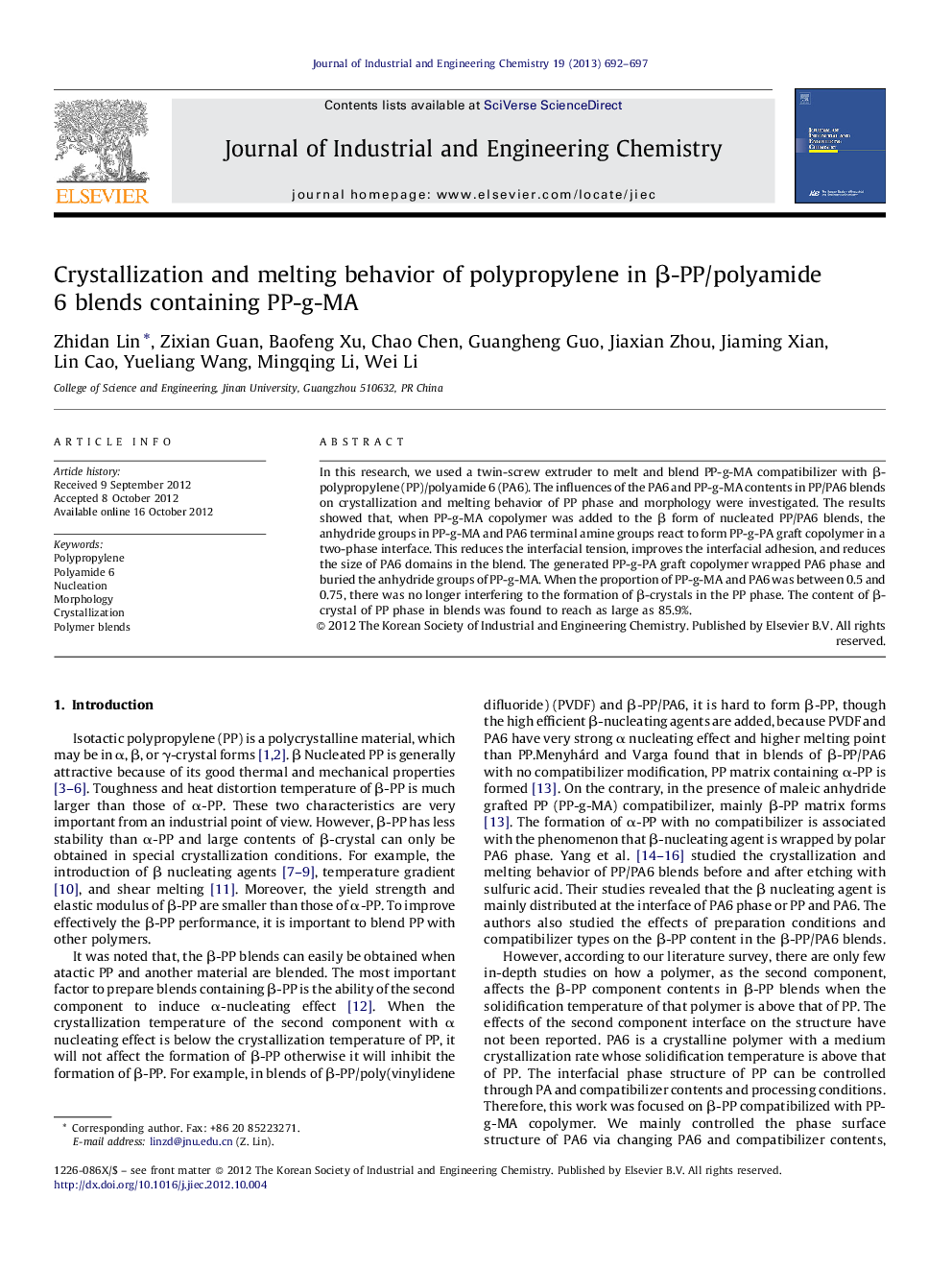 Crystallization and melting behavior of polypropylene in β-PP/polyamide 6 blends containing PP-g-MA