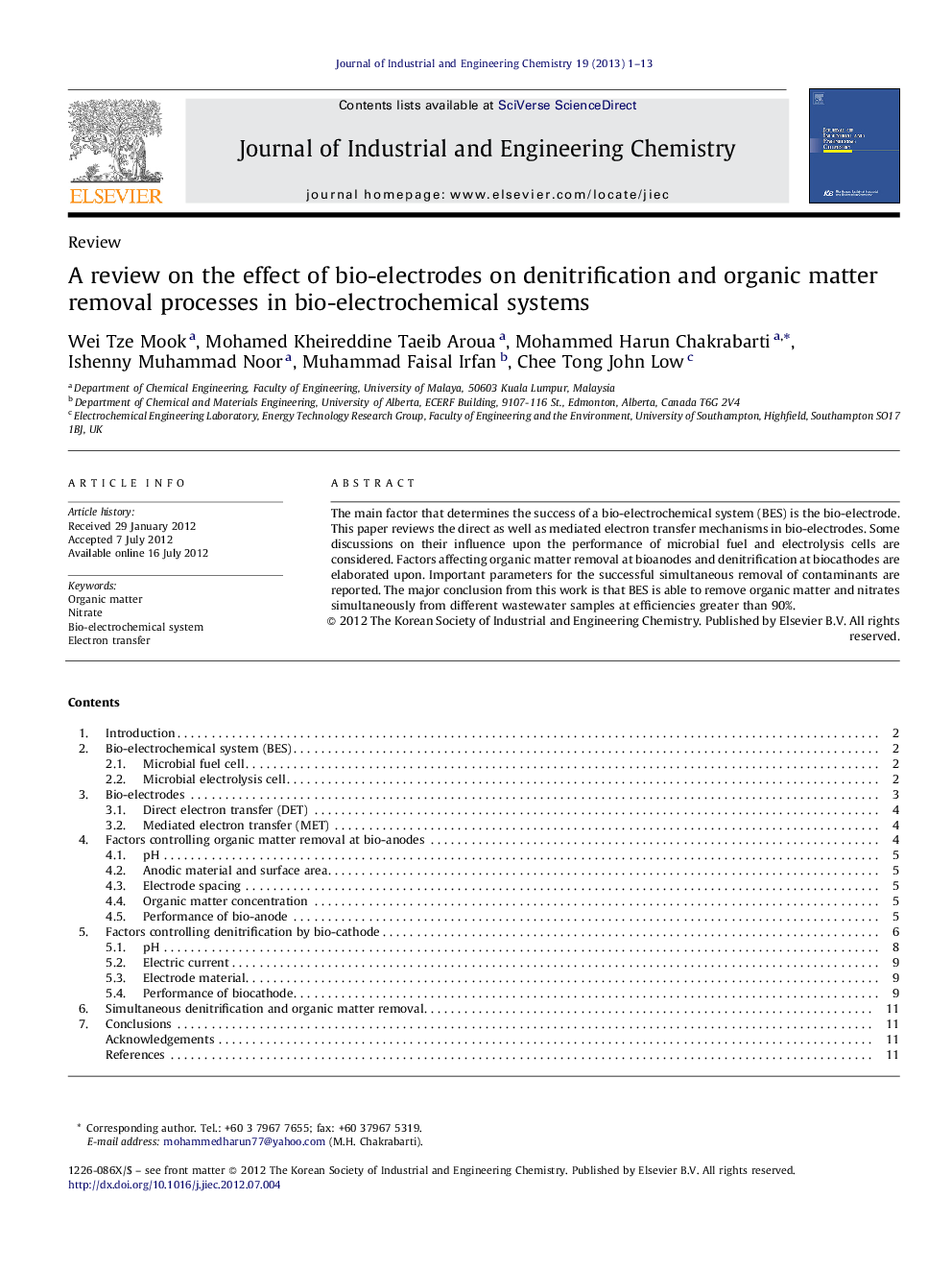 A review on the effect of bio-electrodes on denitrification and organic matter removal processes in bio-electrochemical systems