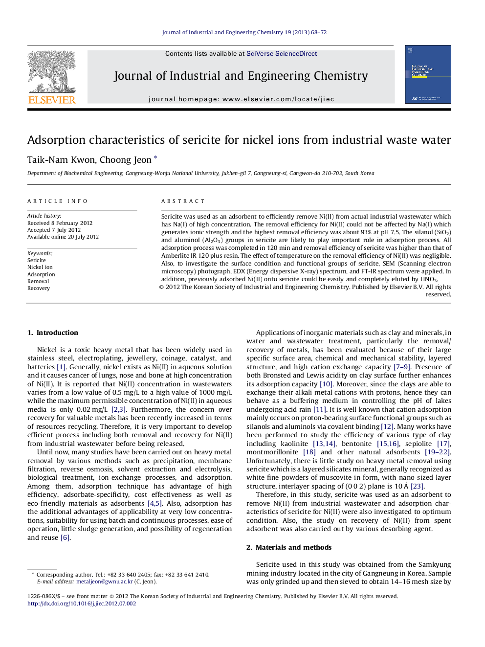 Adsorption characteristics of sericite for nickel ions from industrial waste water