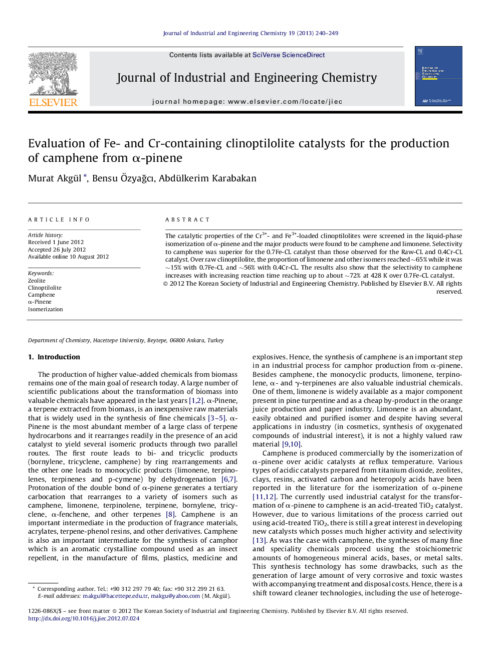 Evaluation of Fe- and Cr-containing clinoptilolite catalysts for the production of camphene from α-pinene