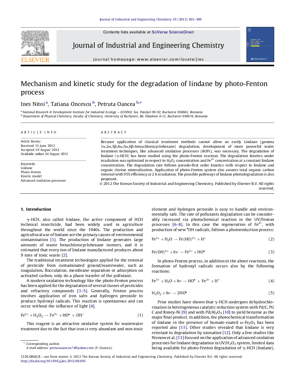 Mechanism and kinetic study for the degradation of lindane by photo-Fenton process