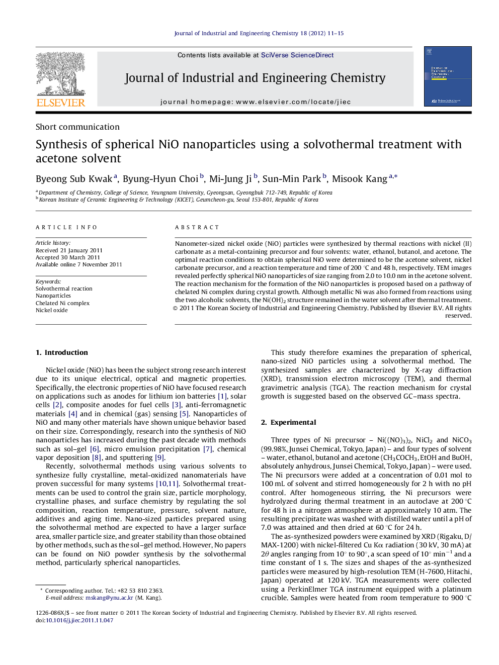 Synthesis of spherical NiO nanoparticles using a solvothermal treatment with acetone solvent