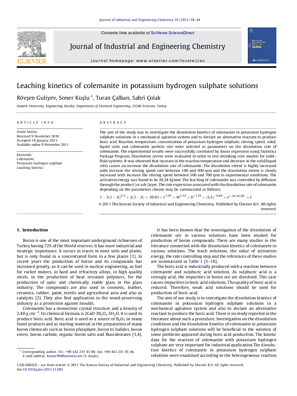 Leaching kinetics of colemanite in potassium hydrogen sulphate solutions