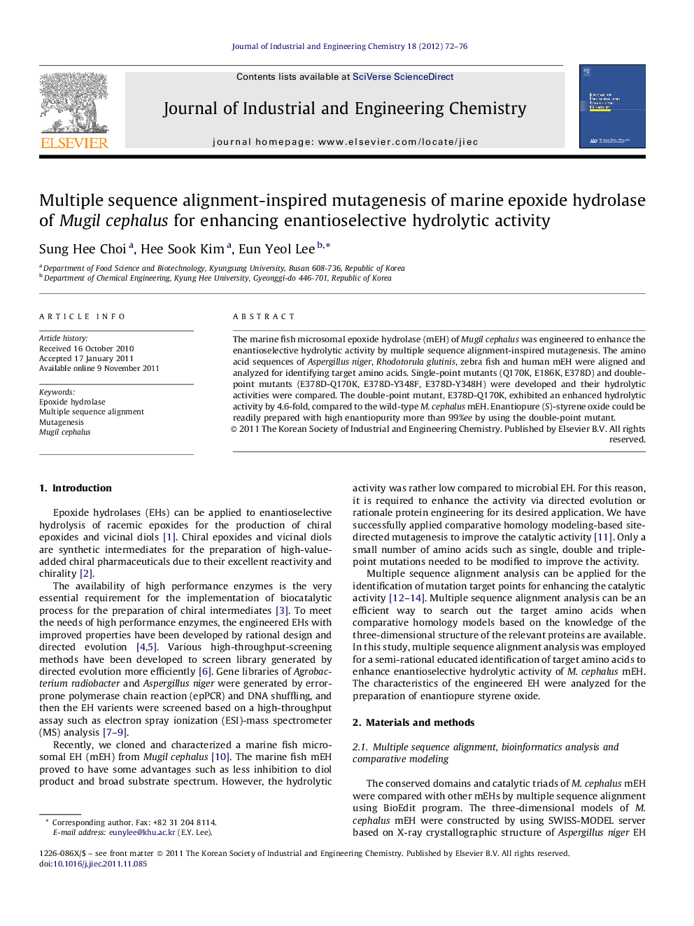 Multiple sequence alignment-inspired mutagenesis of marine epoxide hydrolase of Mugil cephalus for enhancing enantioselective hydrolytic activity