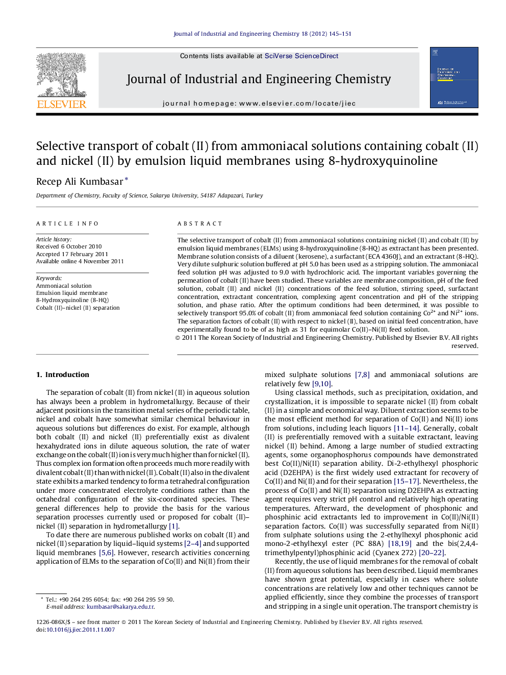 Selective transport of cobalt (II) from ammoniacal solutions containing cobalt (II) and nickel (II) by emulsion liquid membranes using 8-hydroxyquinoline