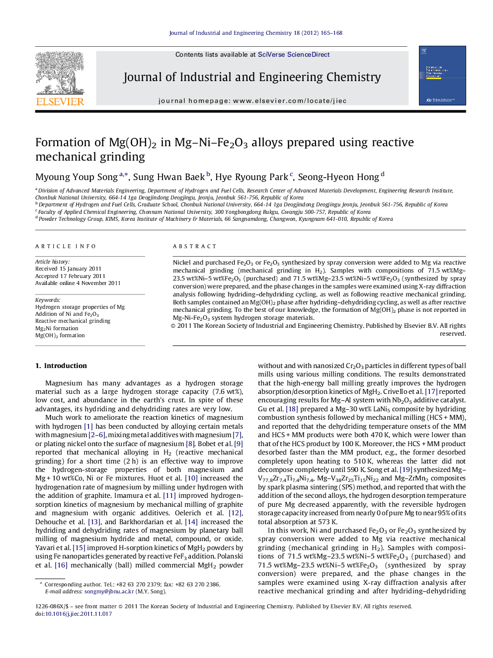 Formation of Mg(OH)2 in Mg–Ni–Fe2O3 alloys prepared using reactive mechanical grinding