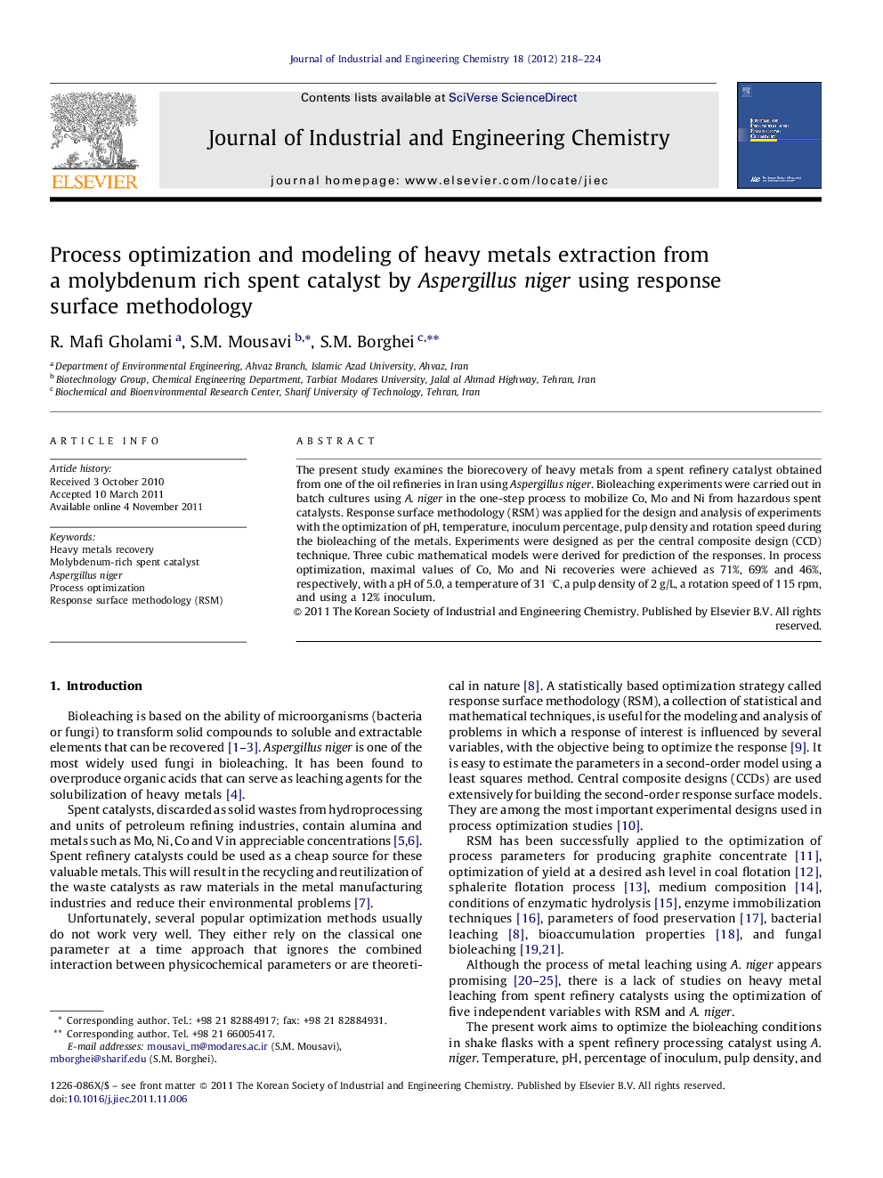 Process optimization and modeling of heavy metals extraction from a molybdenum rich spent catalyst by Aspergillus niger using response surface methodology