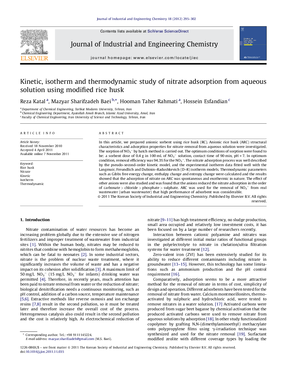 Kinetic, isotherm and thermodynamic study of nitrate adsorption from aqueous solution using modified rice husk