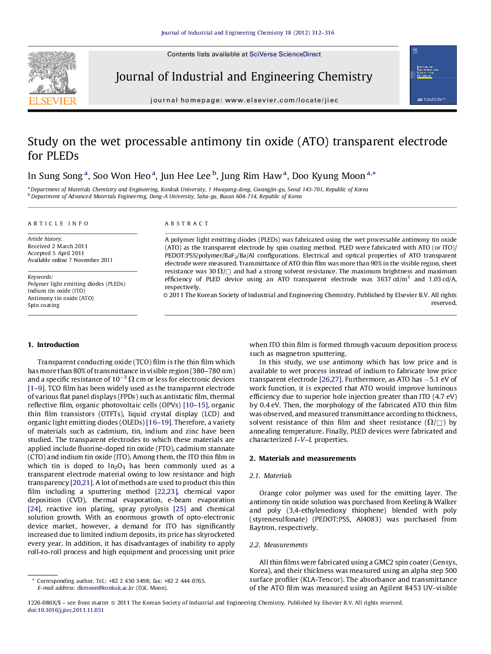 Study on the wet processable antimony tin oxide (ATO) transparent electrode for PLEDs