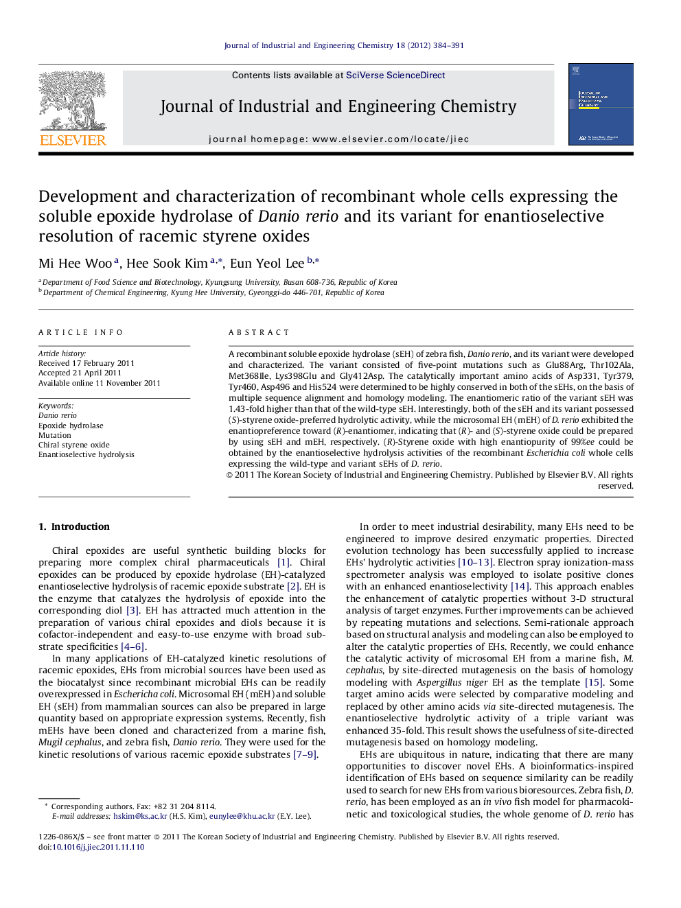 Development and characterization of recombinant whole cells expressing the soluble epoxide hydrolase of Danio rerio and its variant for enantioselective resolution of racemic styrene oxides