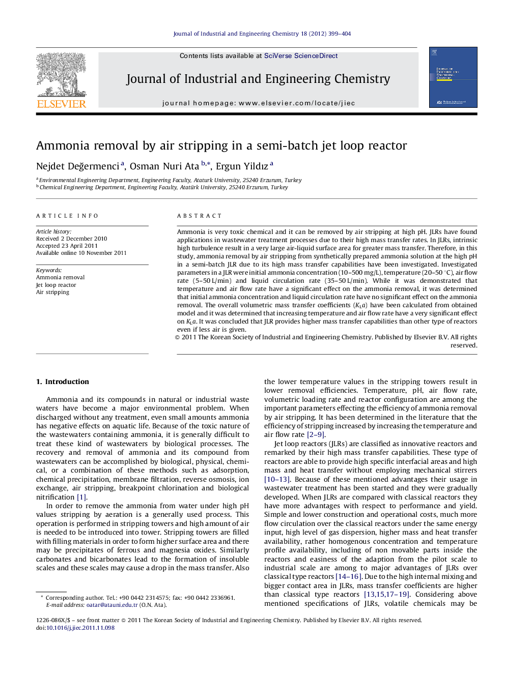 Ammonia removal by air stripping in a semi-batch jet loop reactor