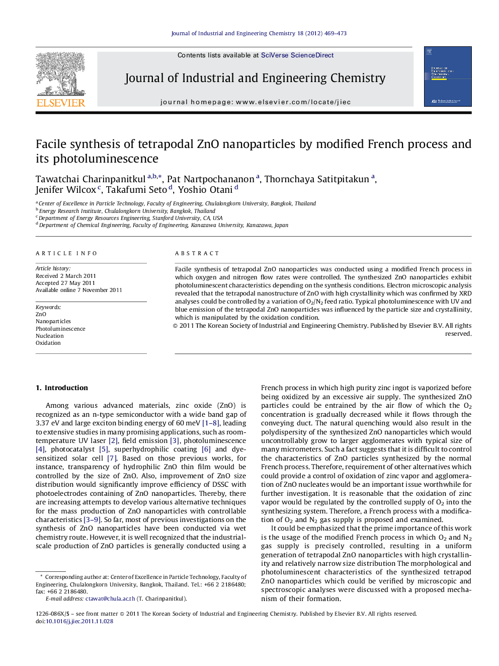 Facile synthesis of tetrapodal ZnO nanoparticles by modified French process and its photoluminescence