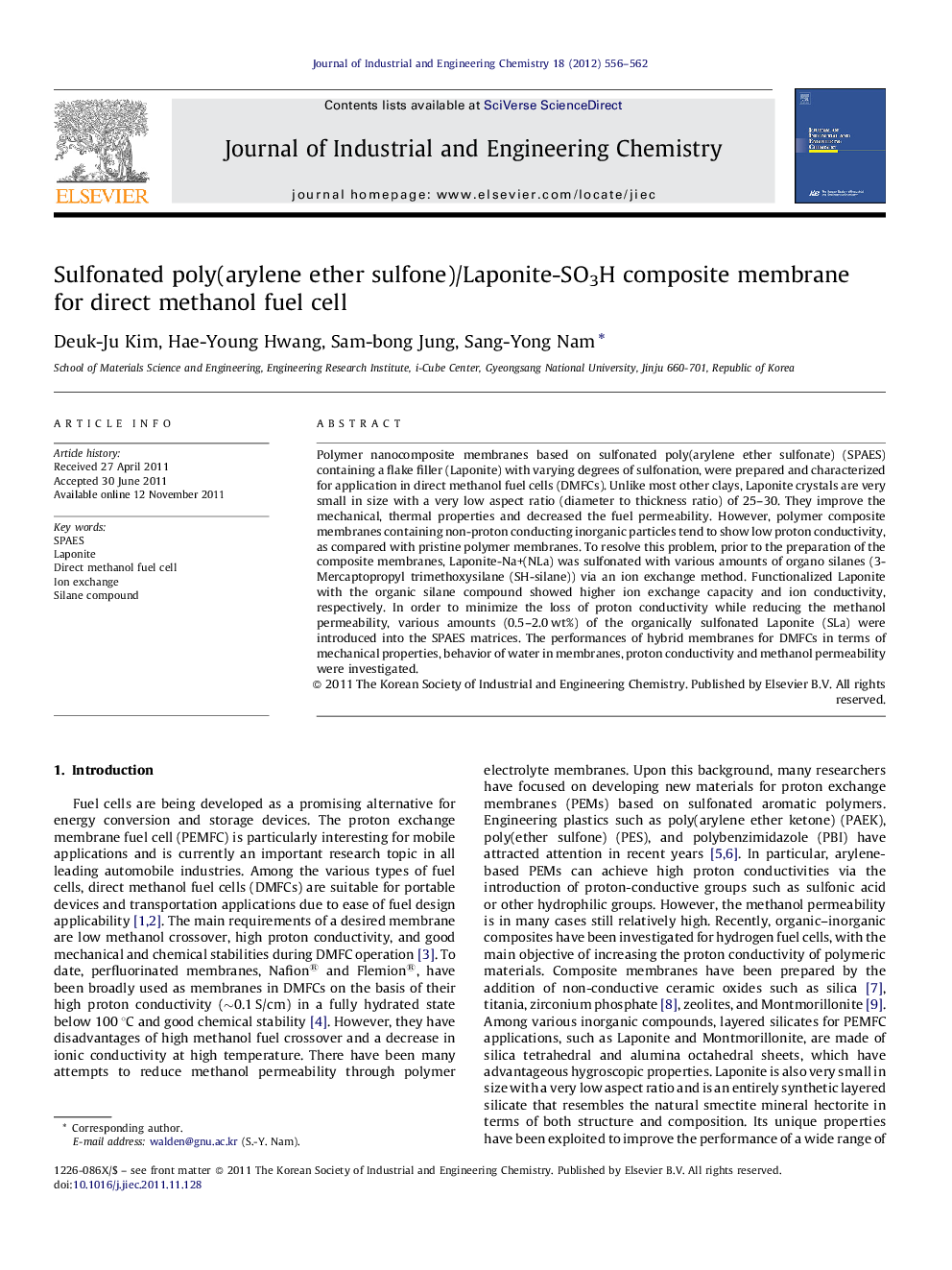 Sulfonated poly(arylene ether sulfone)/Laponite-SO3H composite membrane for direct methanol fuel cell