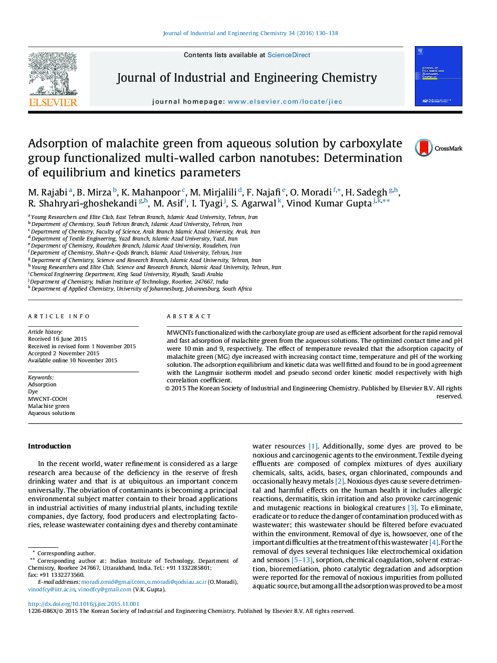 جذب گلوله مالاکیتی از محلول های آبی توسط گروه کربوکسیلات نانولوله های کربنی چند جداره کاربردی: تعیین پارامترهای تعادلی و سینتیکی 