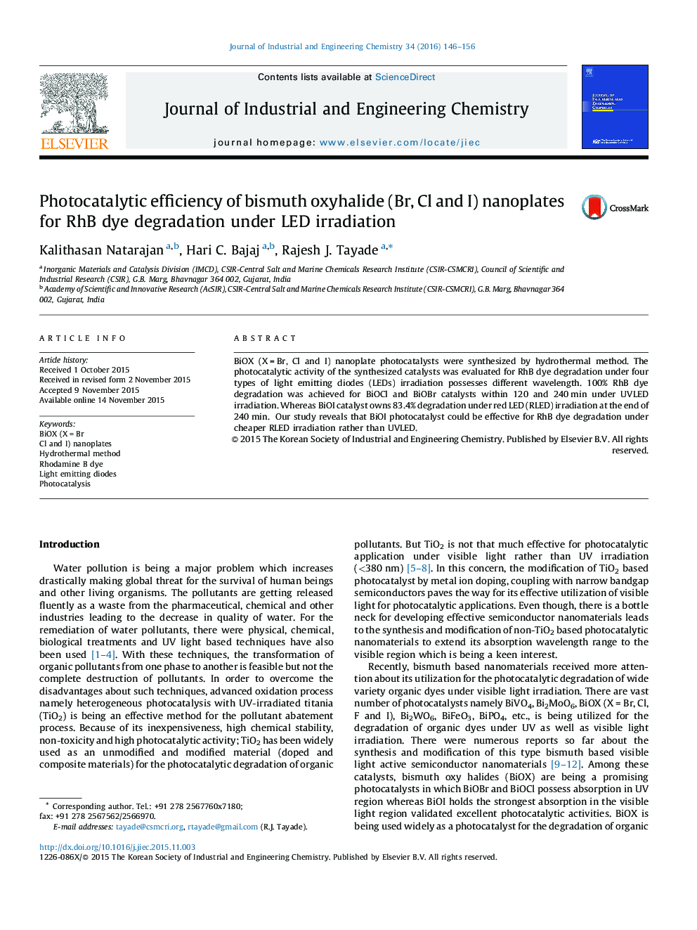 Photocatalytic efficiency of bismuth oxyhalide (Br, Cl and I) nanoplates for RhB dye degradation under LED irradiation