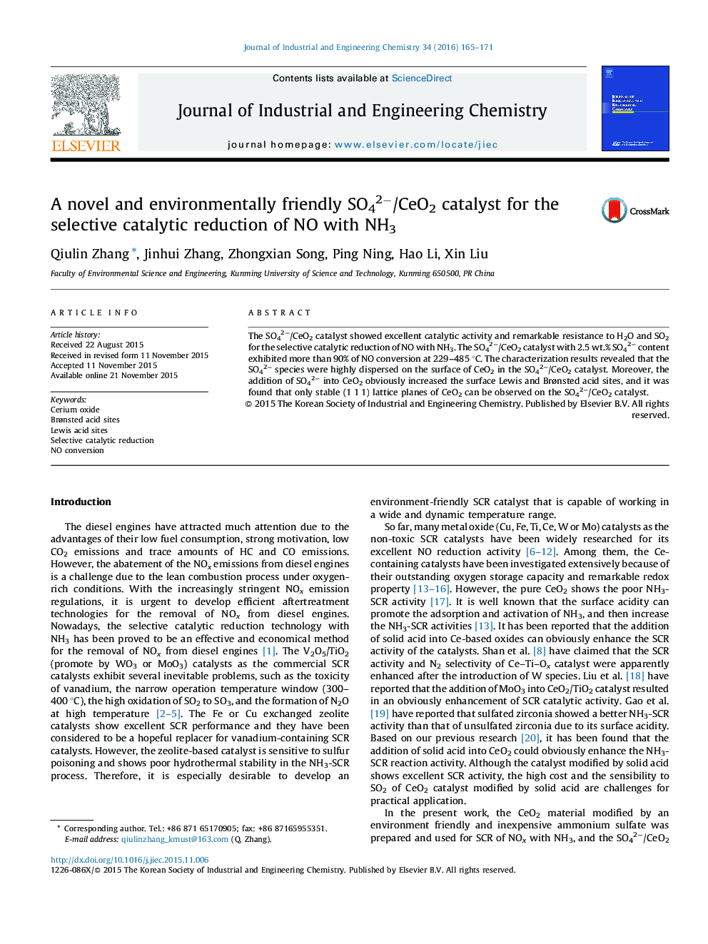 A novel and environmentally friendly SO42−/CeO2 catalyst for the selective catalytic reduction of NO with NH3