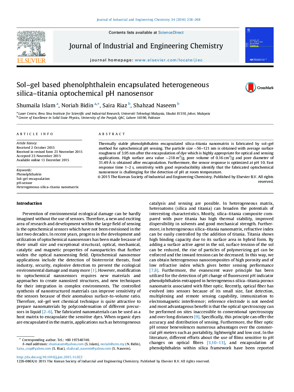 Sol–gel based phenolphthalein encapsulated heterogeneous silica–titania optochemical pH nanosensor
