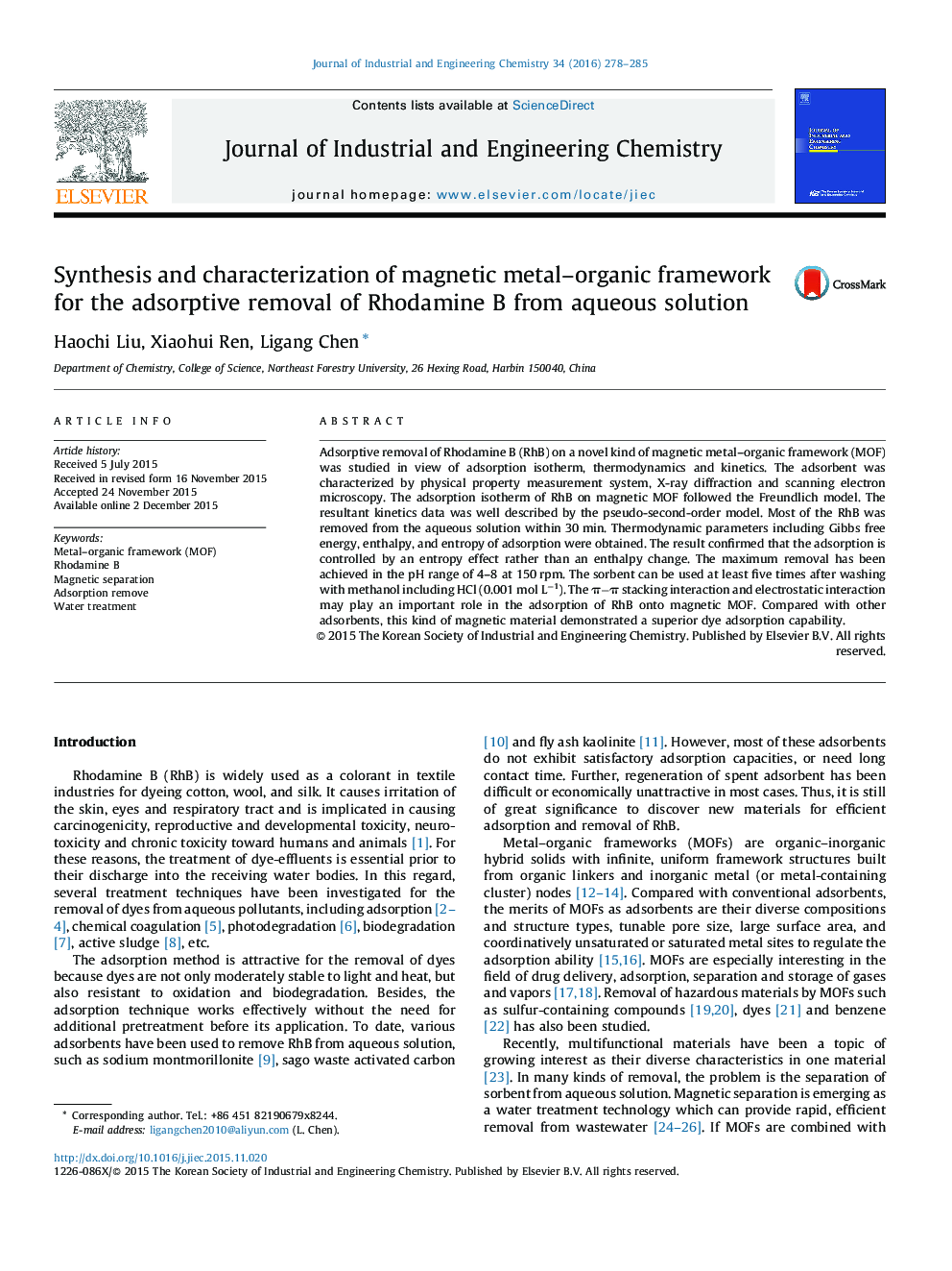 Synthesis and characterization of magnetic metal–organic framework for the adsorptive removal of Rhodamine B from aqueous solution