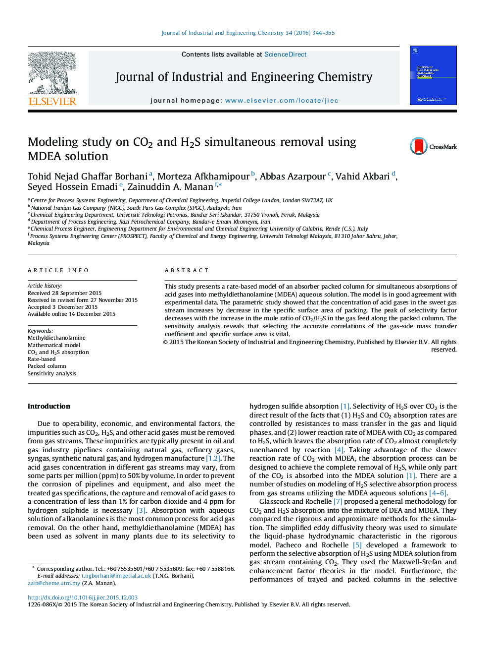 Modeling study on CO2 and H2S simultaneous removal using MDEA solution