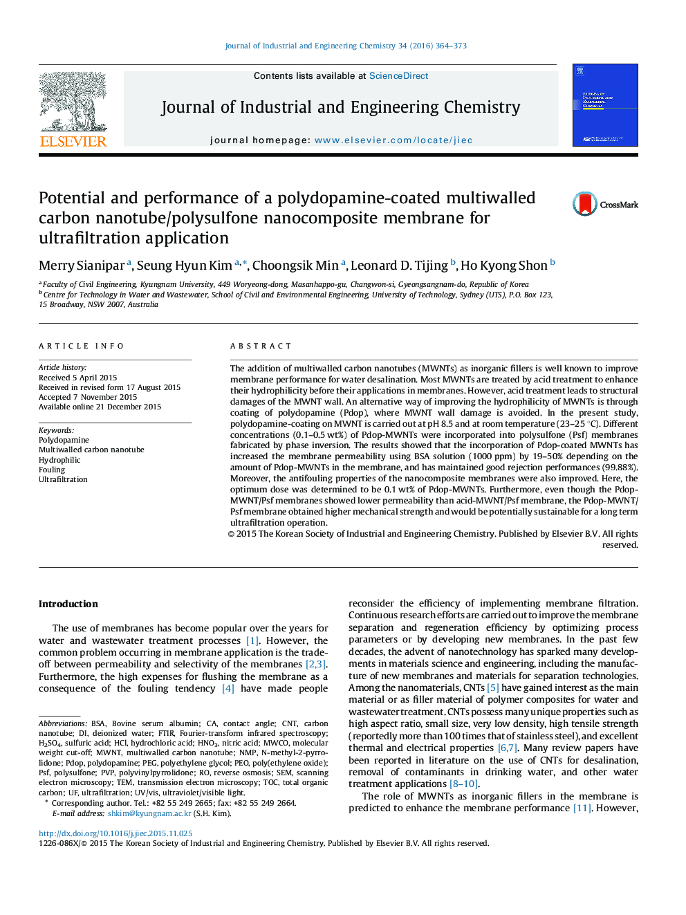 Potential and performance of a polydopamine-coated multiwalled carbon nanotube/polysulfone nanocomposite membrane for ultrafiltration application