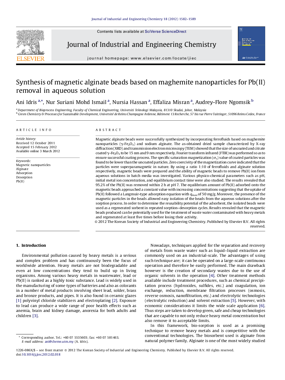 Synthesis of magnetic alginate beads based on maghemite nanoparticles for Pb(II) removal in aqueous solution