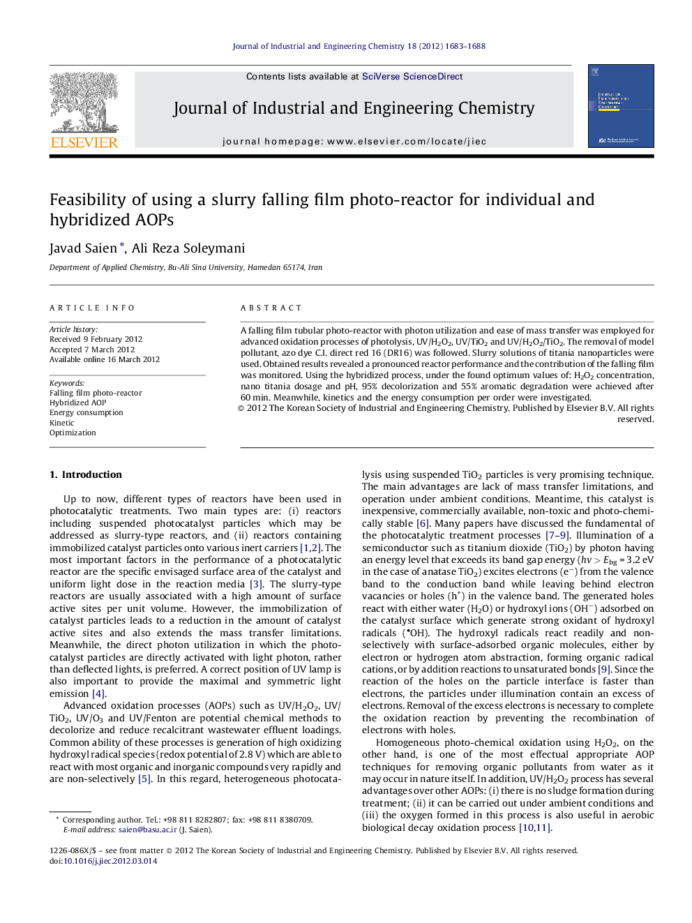 Feasibility of using a slurry falling film photo-reactor for individual and hybridized AOPs