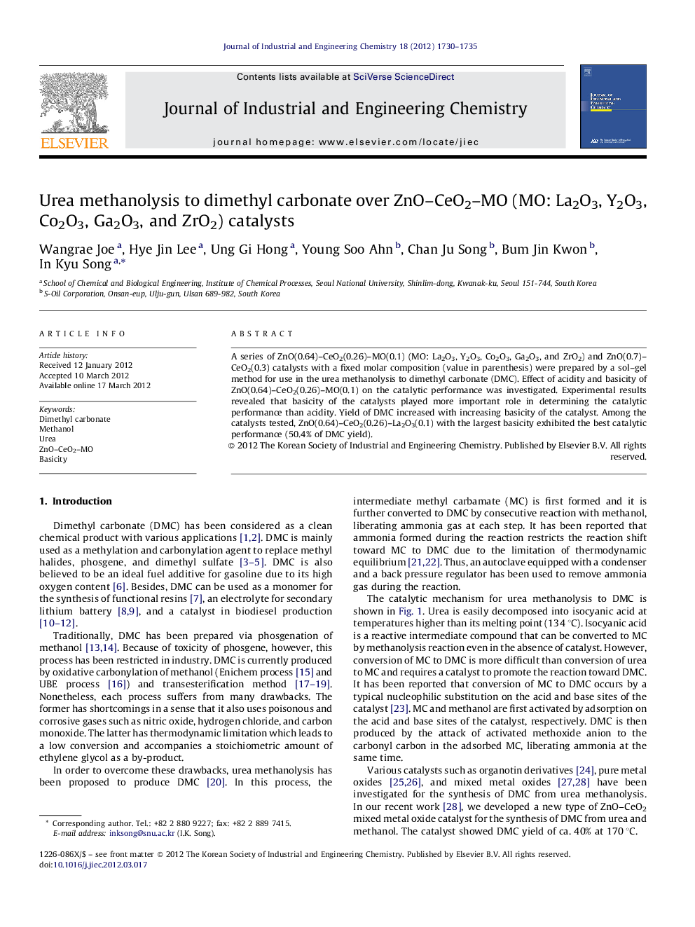 Urea methanolysis to dimethyl carbonate over ZnO–CeO2–MO (MO: La2O3, Y2O3, Co2O3, Ga2O3, and ZrO2) catalysts