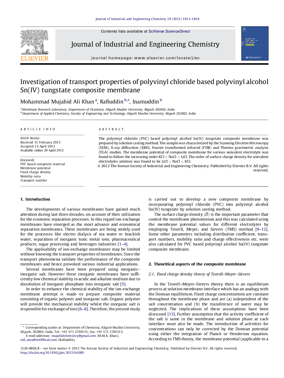 Investigation of transport properties of polyvinyl chloride based polyvinyl alcohol Sn(IV) tungstate composite membrane