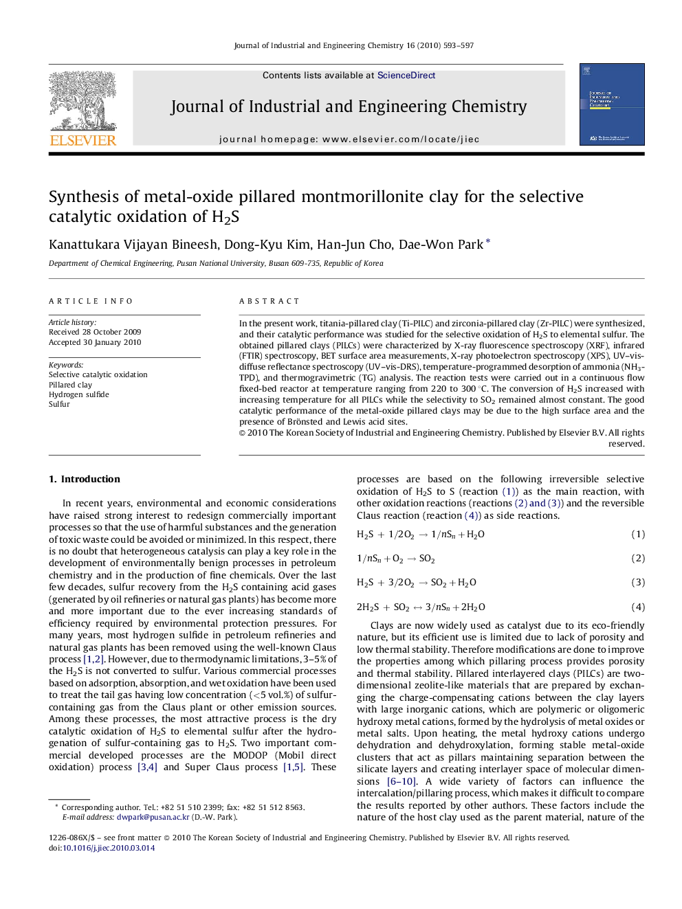 Synthesis of metal-oxide pillared montmorillonite clay for the selective catalytic oxidation of H2S