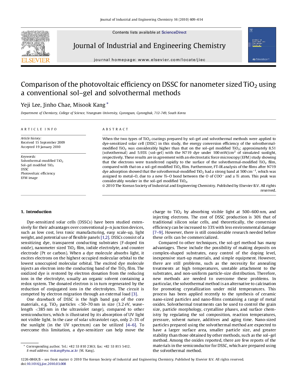 Comparison of the photovoltaic efficiency on DSSC for nanometer sized TiO2 using a conventional sol–gel and solvothermal methods