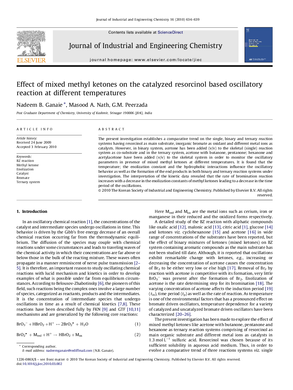 Effect of mixed methyl ketones on the catalyzed resorcinol based oscillatory reaction at different temperatures