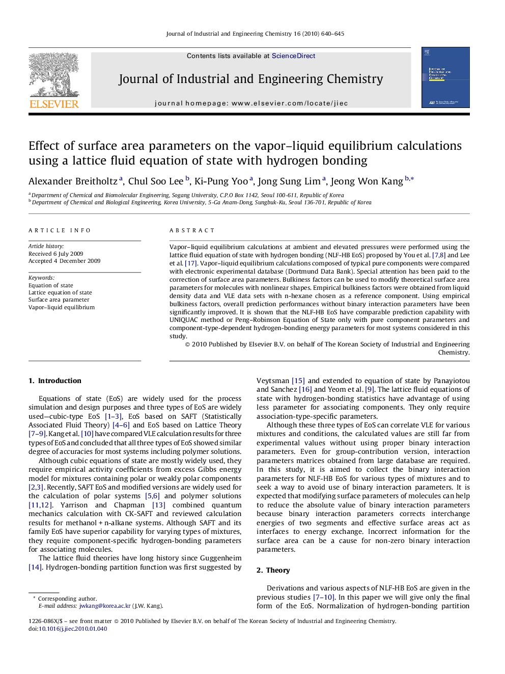 Effect of surface area parameters on the vapor-liquid equilibrium calculations using a lattice fluid equation of state with hydrogen bonding