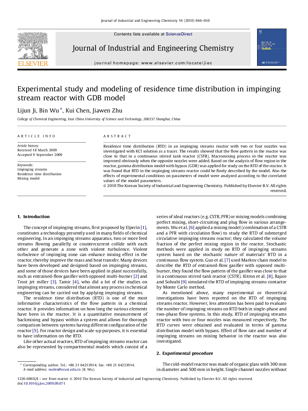 Experimental study and modeling of residence time distribution in impinging stream reactor with GDB model