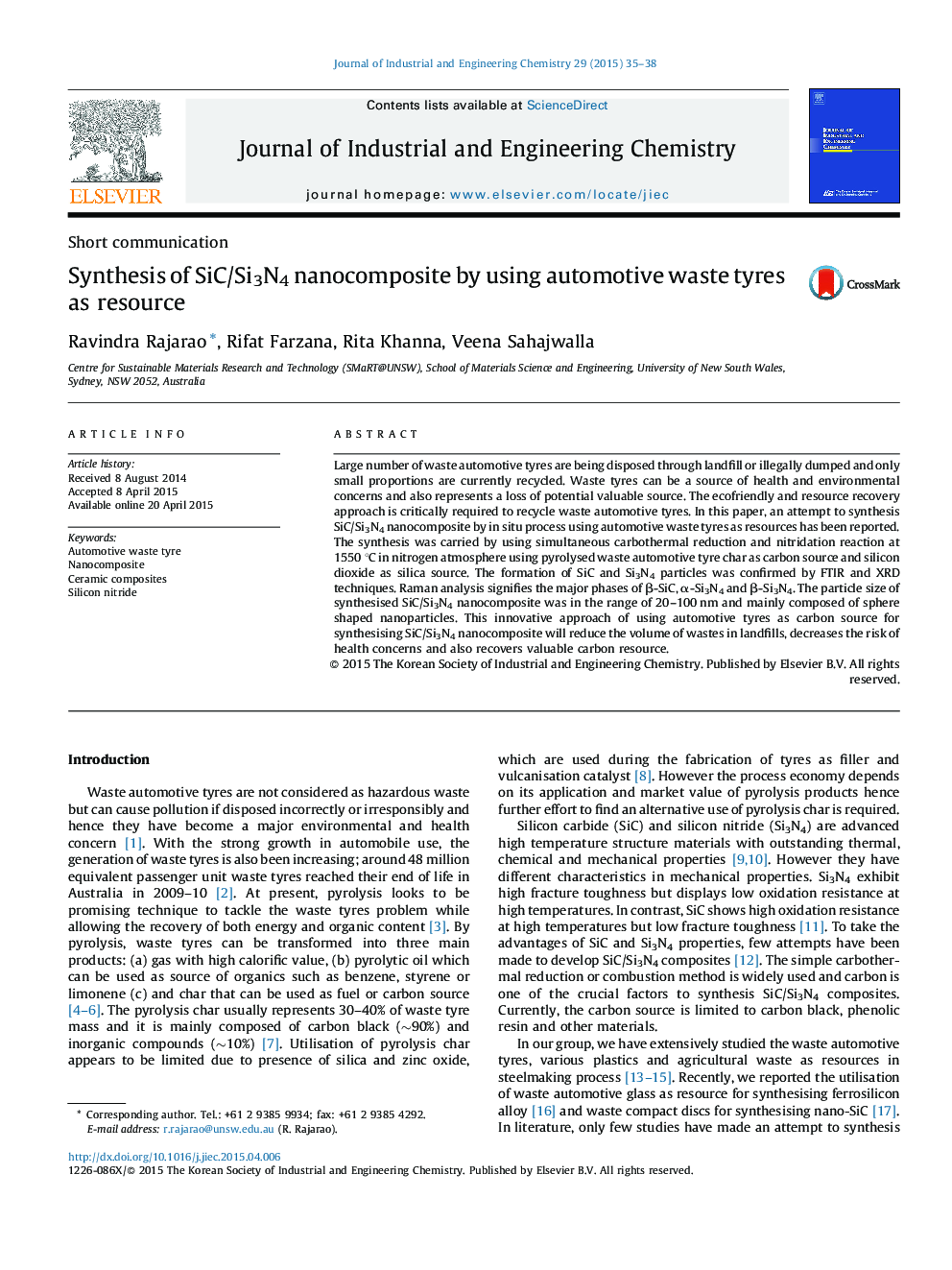 عکس صفحه اول مقاله: Synthesis of SiC/Si3N4 nanocomposite by using automotive waste tyres as resource Synthesis of SiC/Si3N4 nanocomposite by using automotive waste tyres as resource