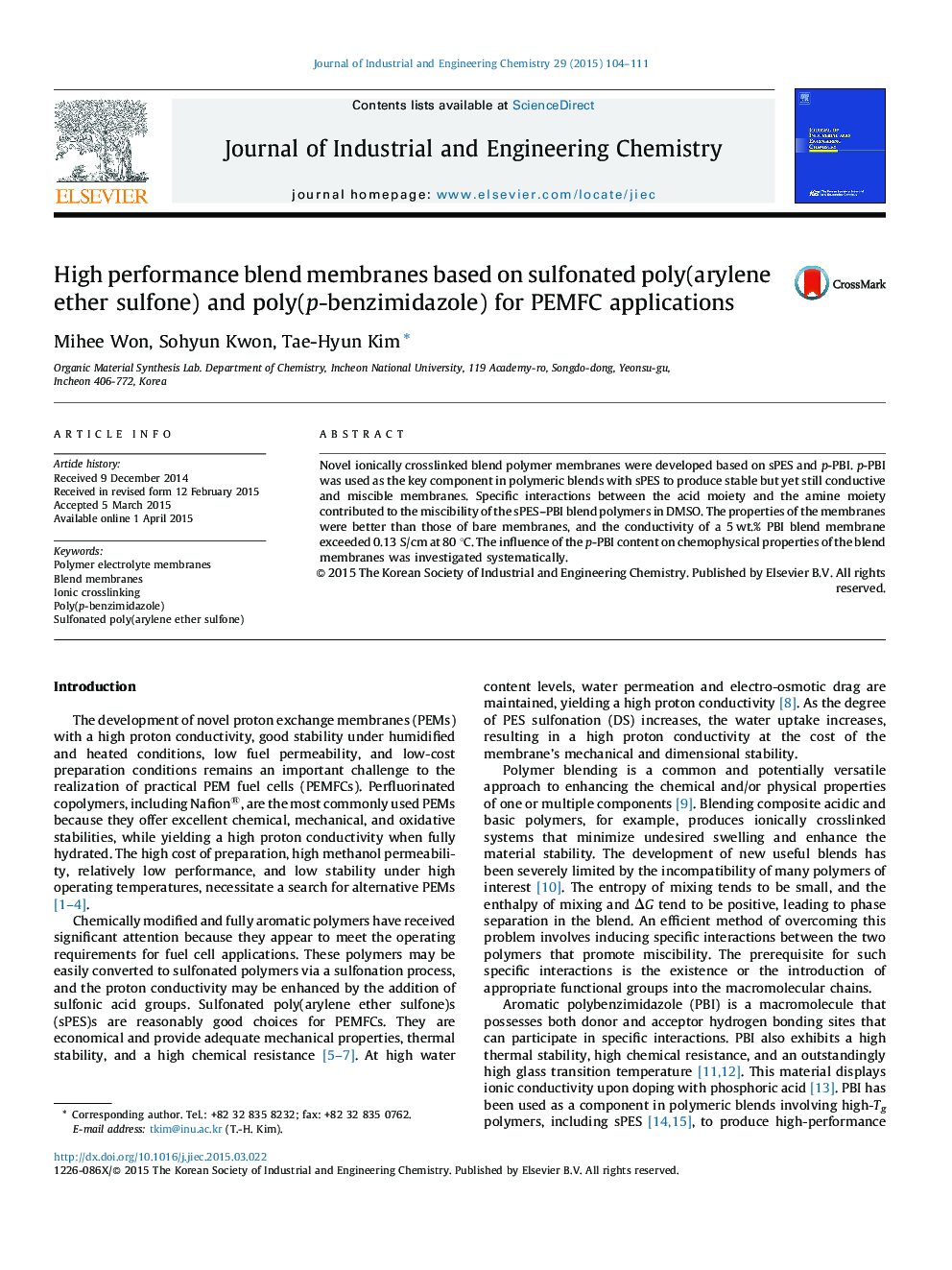 High performance blend membranes based on sulfonated poly(arylene ether sulfone) and poly(p-benzimidazole) for PEMFC applications