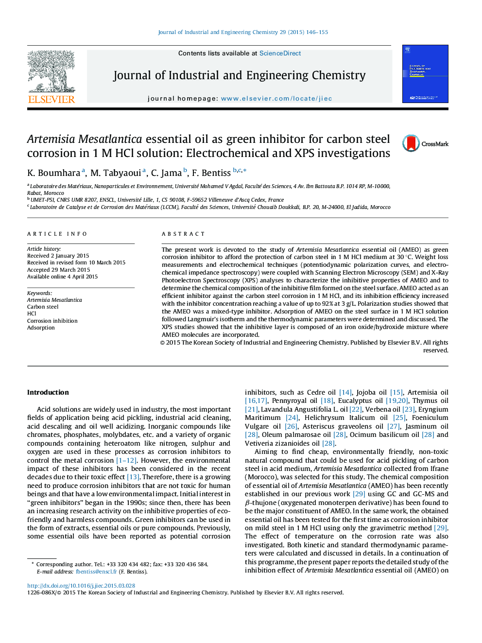 Artemisia Mesatlantica essential oil as green inhibitor for carbon steel corrosion in 1 M HCl solution: Electrochemical and XPS investigations