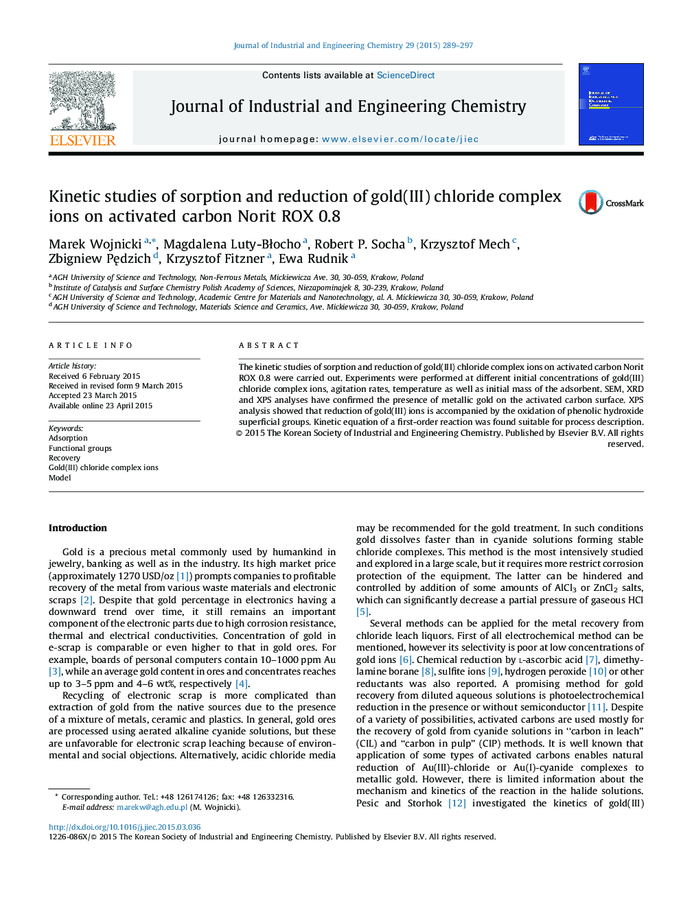 Kinetic studies of sorption and reduction of gold(III) chloride complex ions on activated carbon Norit ROX 0.8