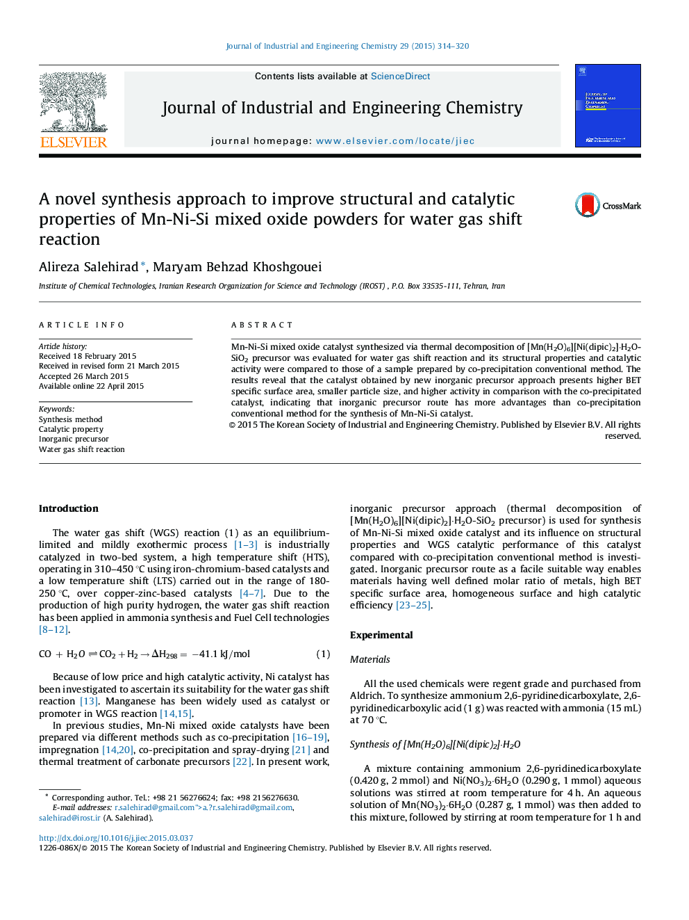 A novel synthesis approach to improve structural and catalytic properties of Mn-Ni-Si mixed oxide powders for water gas shift reaction