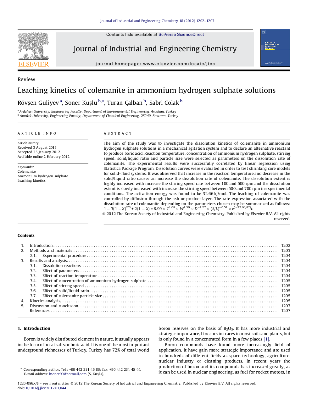 Leaching kinetics of colemanite in ammonium hydrogen sulphate solutions