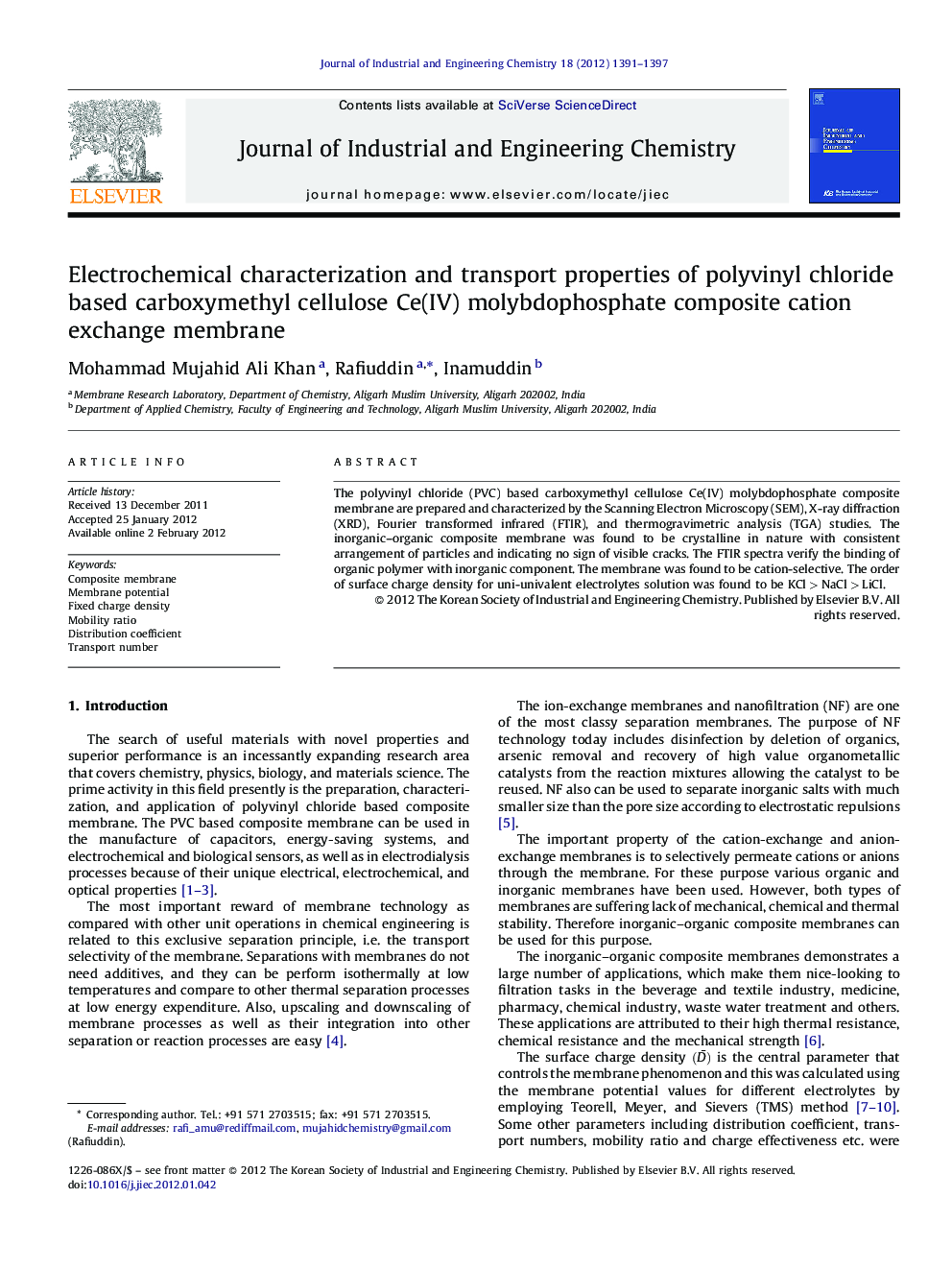 Electrochemical characterization and transport properties of polyvinyl chloride based carboxymethyl cellulose Ce(IV) molybdophosphate composite cation exchange membrane