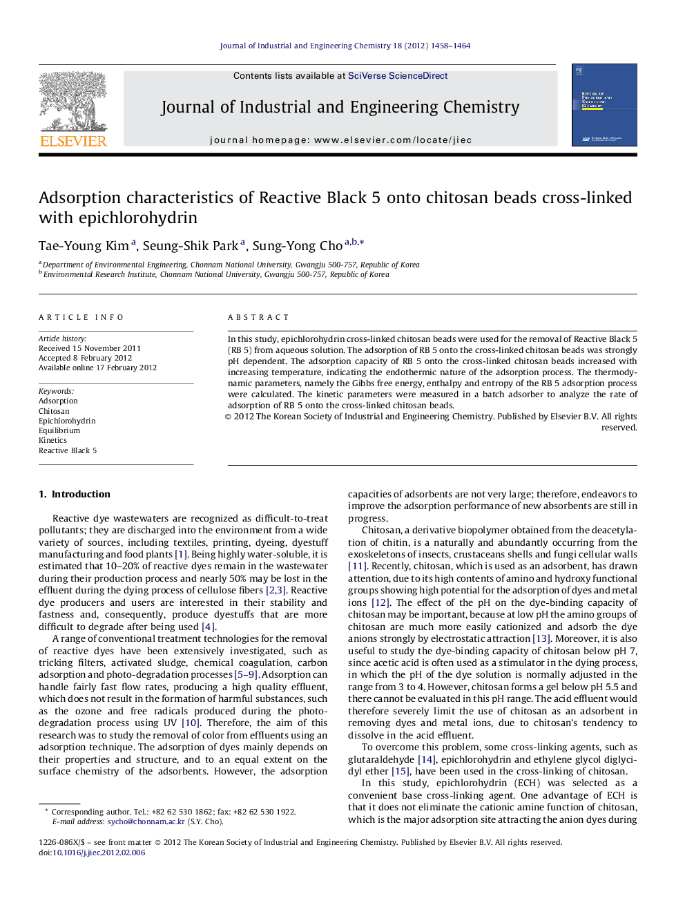 Adsorption characteristics of Reactive Black 5 onto chitosan beads cross-linked with epichlorohydrin