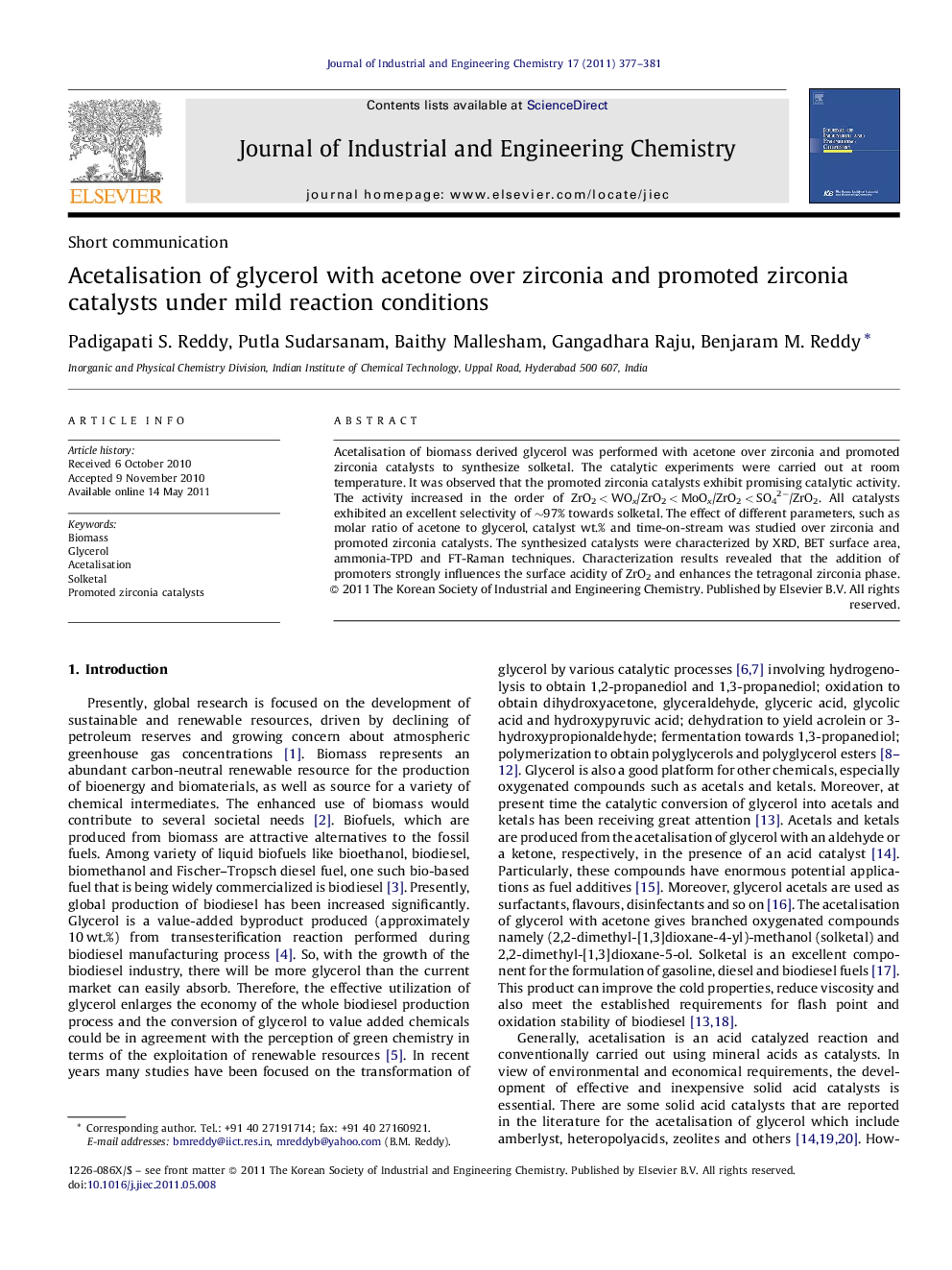 Acetalisation of glycerol with acetone over zirconia and promoted zirconia catalysts under mild reaction conditions