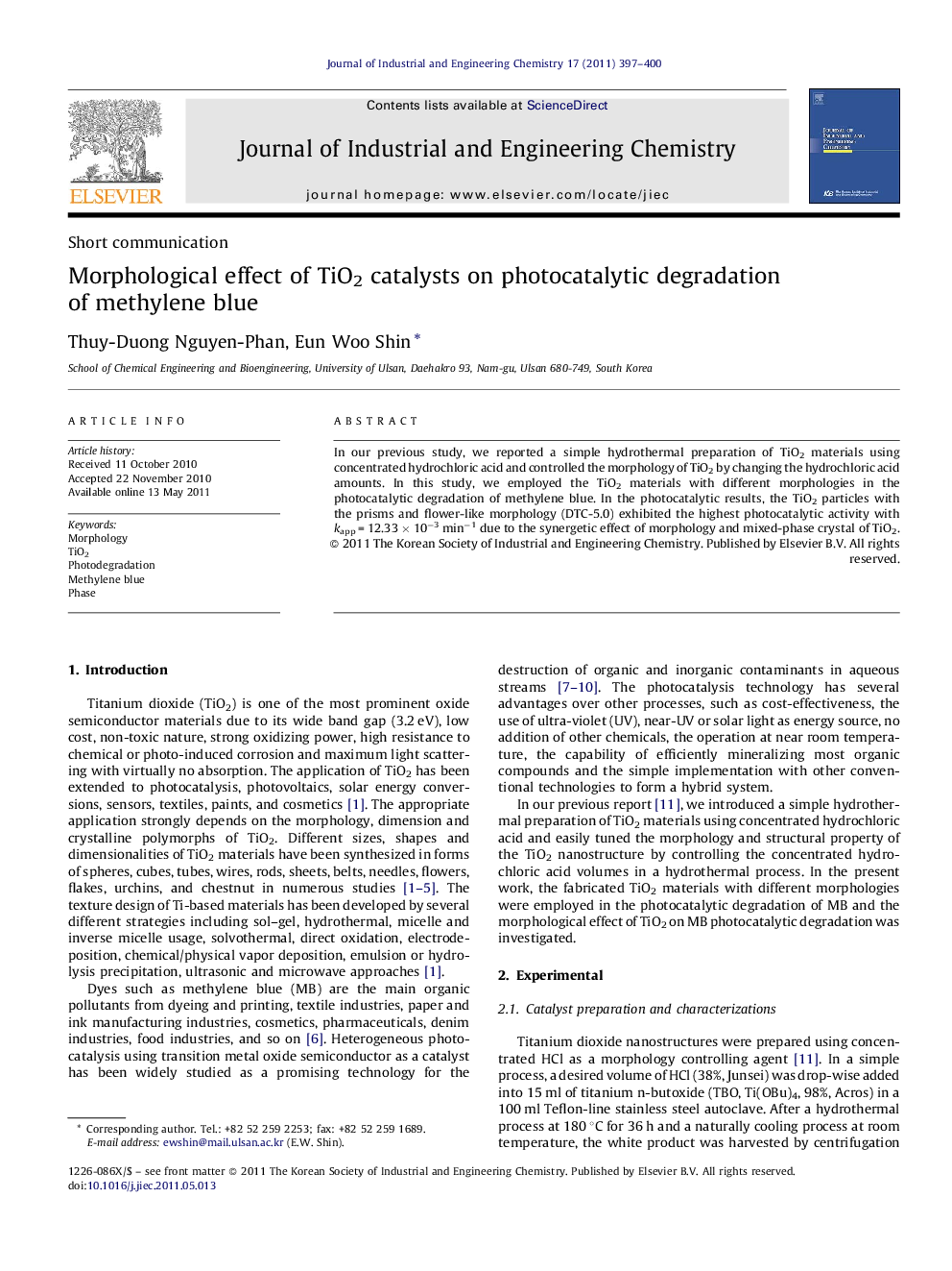 Morphological effect of TiO2 catalysts on photocatalytic degradation of methylene blue