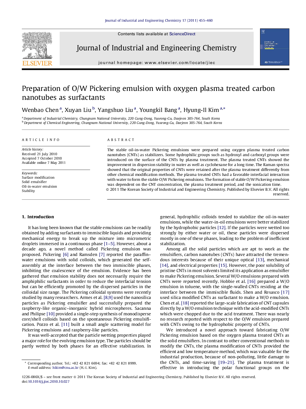 Preparation of O/W Pickering emulsion with oxygen plasma treated carbon nanotubes as surfactants