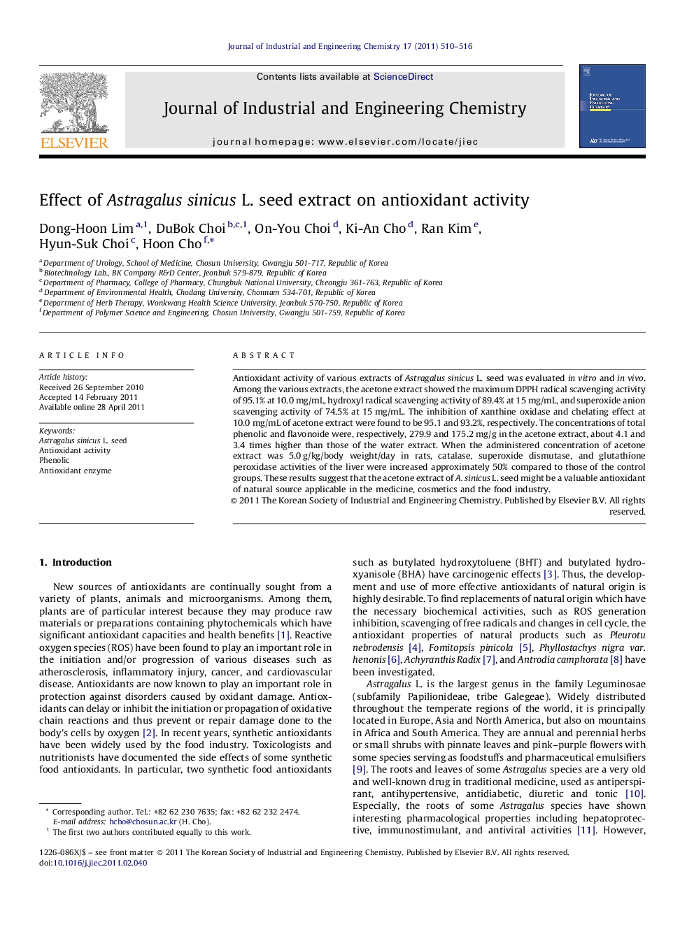 Effect of Astragalus sinicus L. seed extract on antioxidant activity