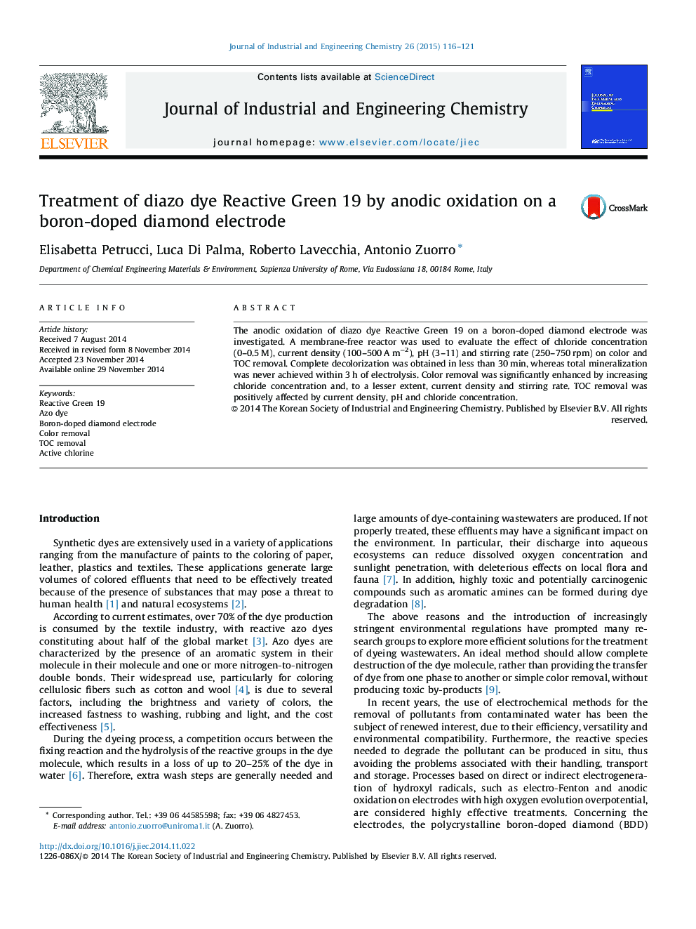 Treatment of diazo dye Reactive Green 19 by anodic oxidation on a boron-doped diamond electrode