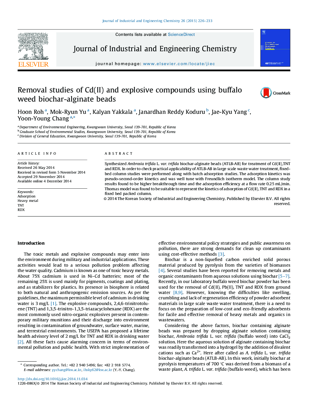 Removal studies of Cd(II) and explosive compounds using buffalo weed biochar-alginate beads