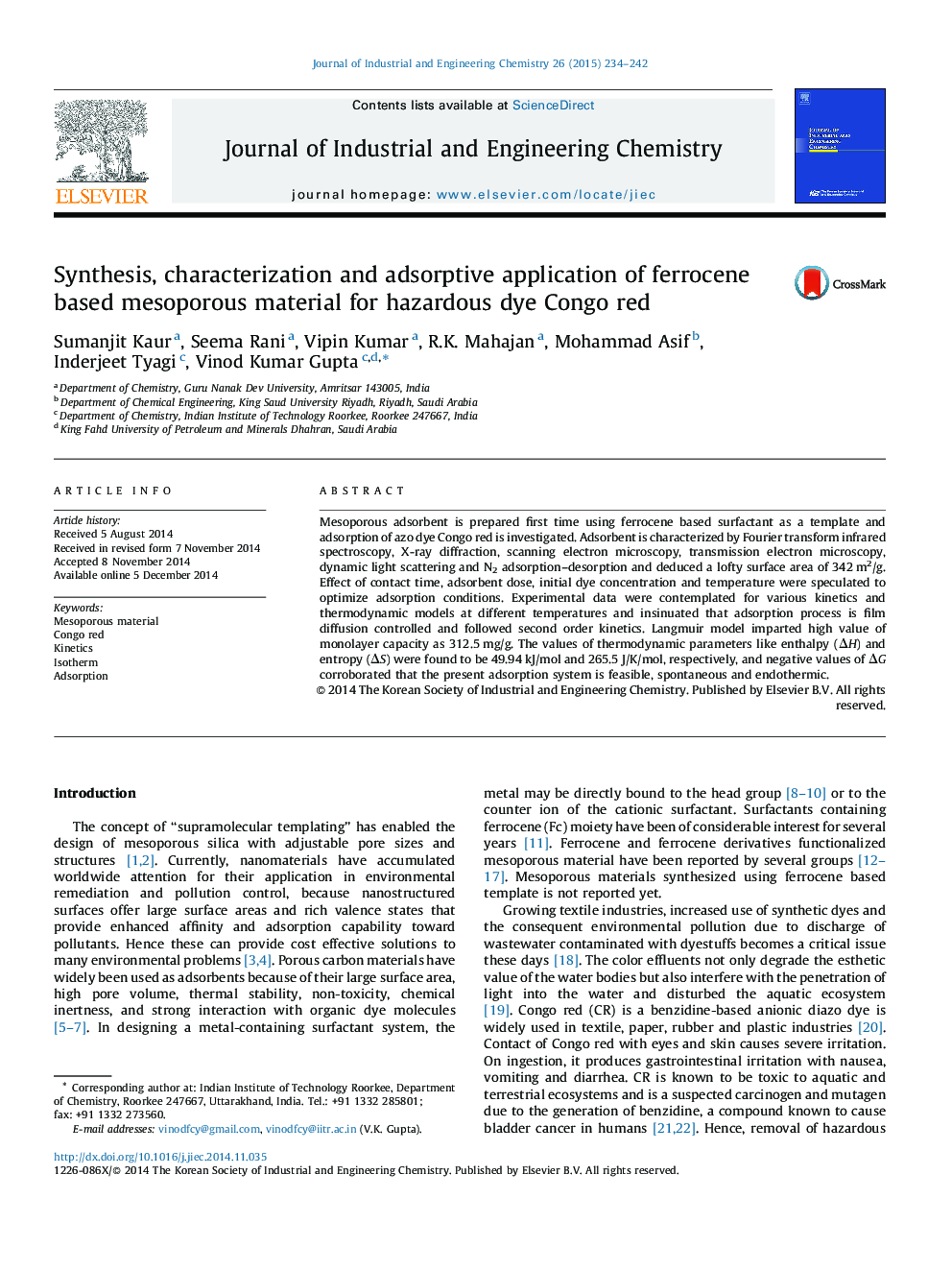 Synthesis, characterization and adsorptive application of ferrocene based mesoporous material for hazardous dye Congo red